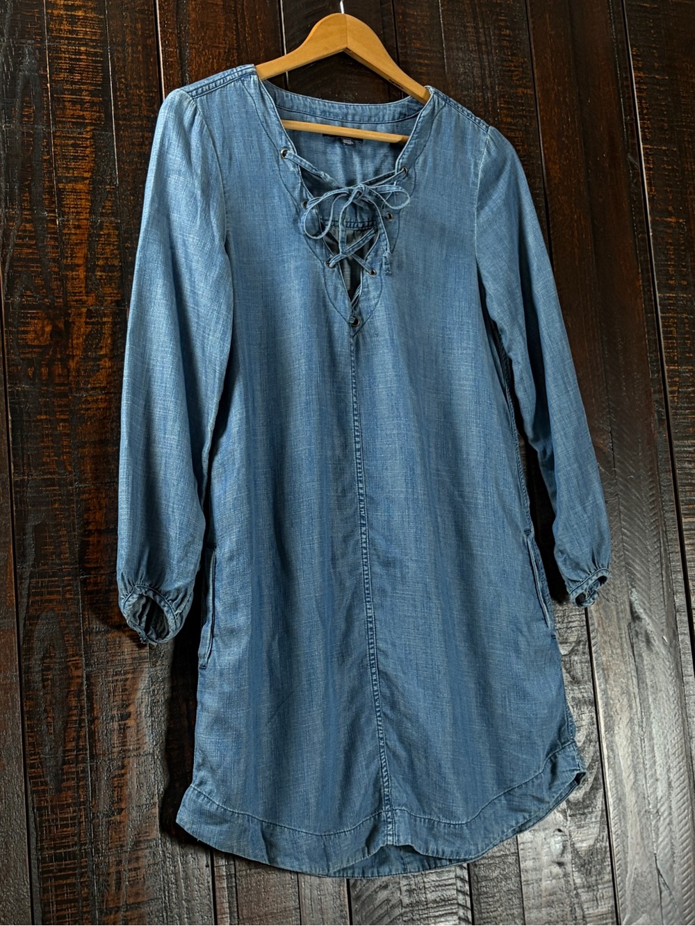 American Eagle Long Sleeve Chambray Lace-Up Dress - Small